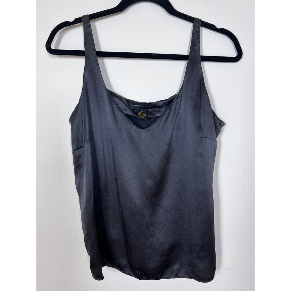 Grace Elements 100% Silk Black Tank Top Size 12 V Neck Minimalist Y2K